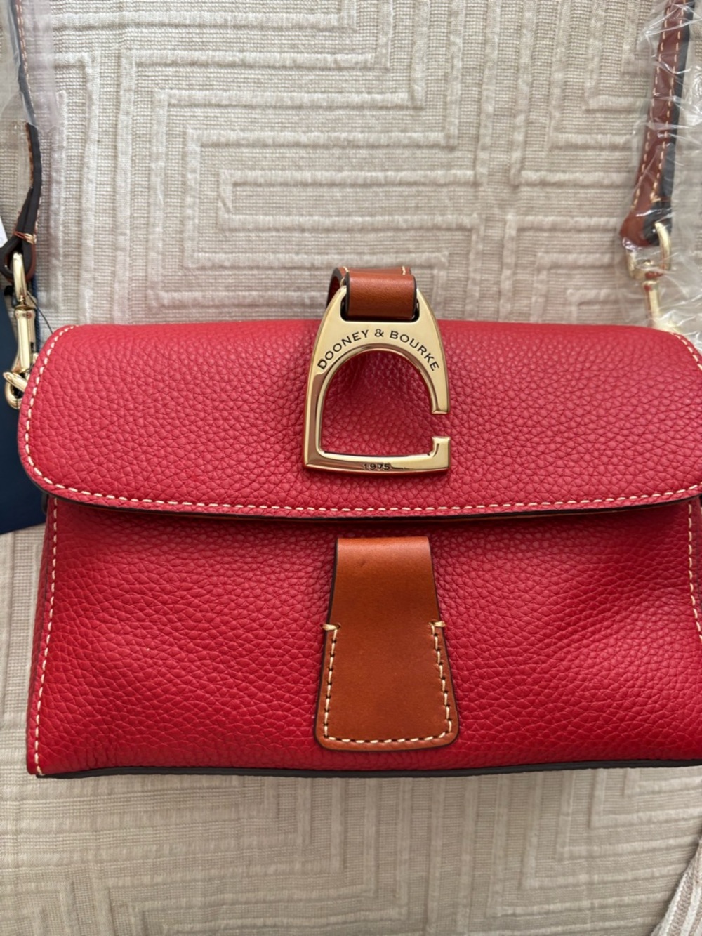 Dooney & Bourke Red Leather Shoulder Bag with Brown Trim and Gold Hardware - Picture 3 of 6